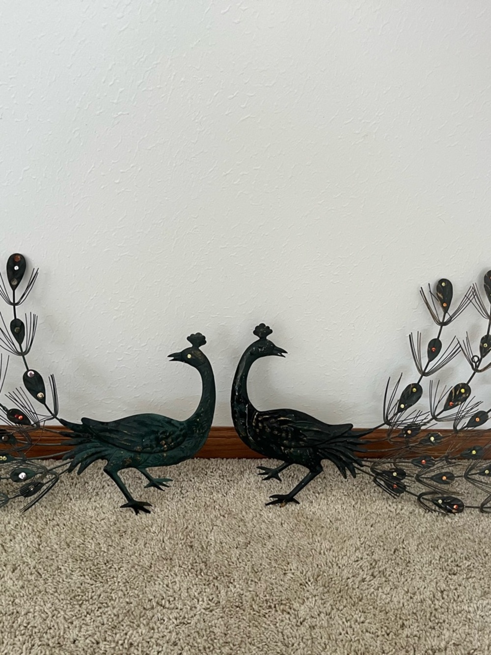 Vintage MCM  Metal Peacock Wall Art Pair in Green and Black